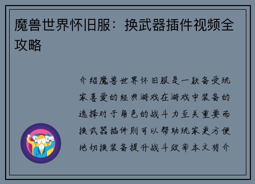 魔兽世界怀旧服：换武器插件视频全攻略