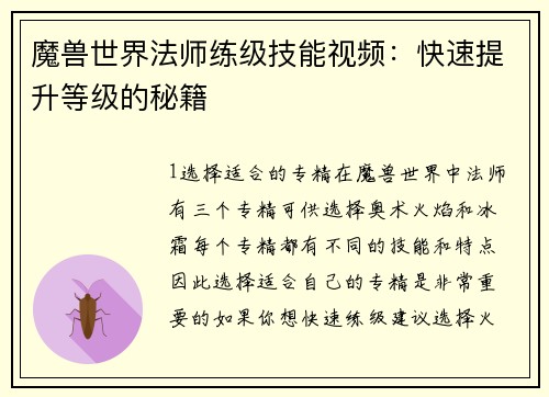 魔兽世界法师练级技能视频：快速提升等级的秘籍